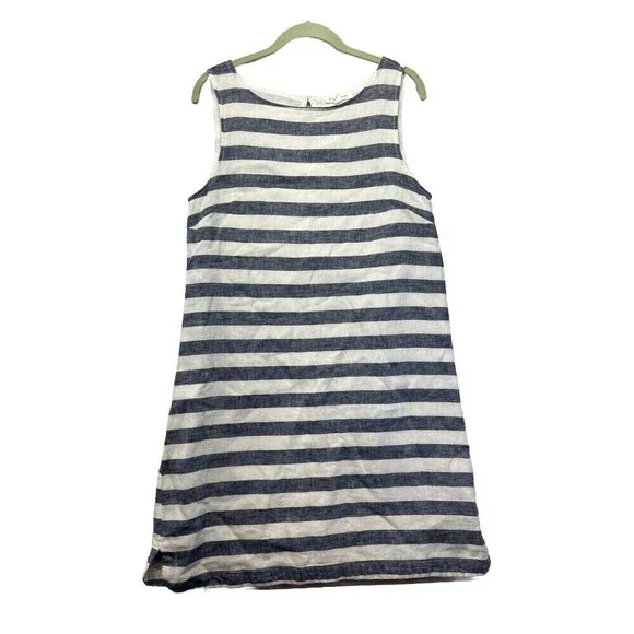 Beach Lunch Lounge Dress M Blue Striped Linen Sleeveless Beach Nautical Preppy - Picture 1 of 4